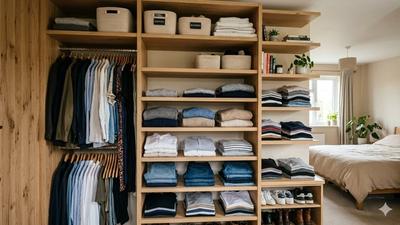 ארון בגדים מעץ לאחר שדרוג עם מדפים לפי מידה וחלוקה פנימית מסודרת.