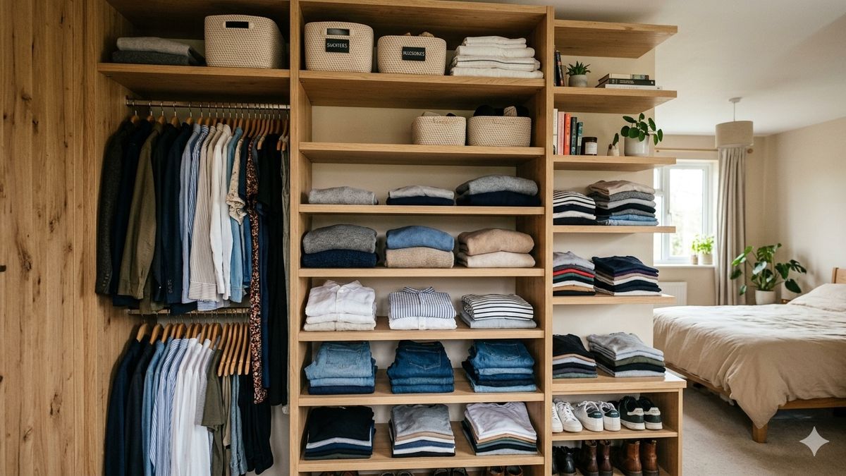 ארון בגדים מעץ לאחר שדרוג עם מדפים לפי מידה וחלוקה פנימית מסודרת.