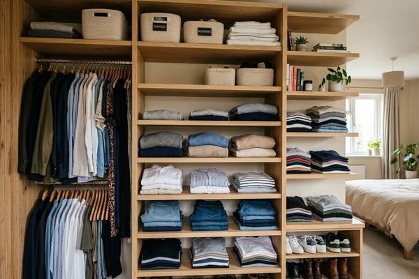 ארון בגדים מעץ לאחר שדרוג עם מדפים לפי מידה וחלוקה פנימית מסודרת.