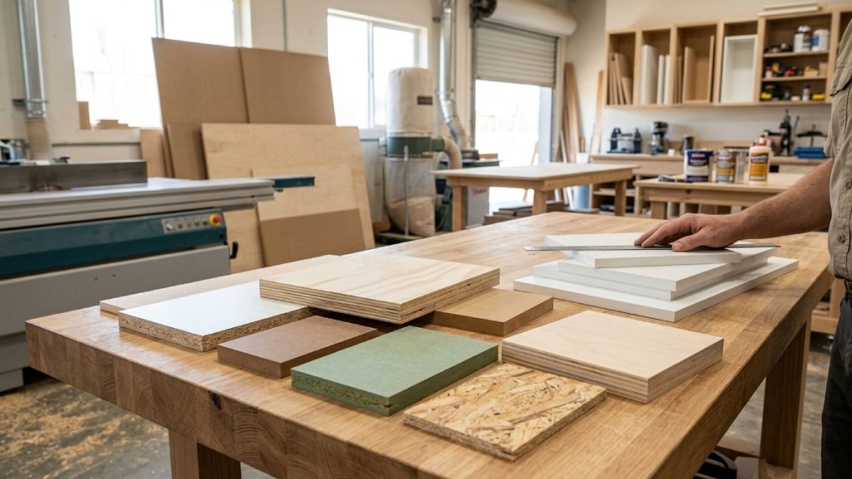 תצוגה של סוגי לוחות עץ מתועש בנגריה: MDF ירוק וחום, בירץ', סיבית מלמין ו-OSB על שולחן עבודה