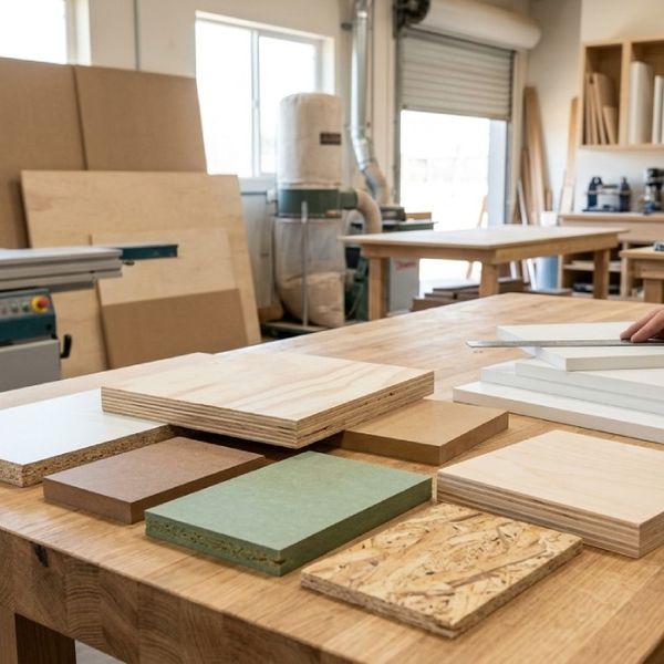 תצוגה של סוגי לוחות עץ מתועש בנגריה: MDF ירוק וחום, בירץ', סיבית מלמין ו-OSB על שולחן עבודה