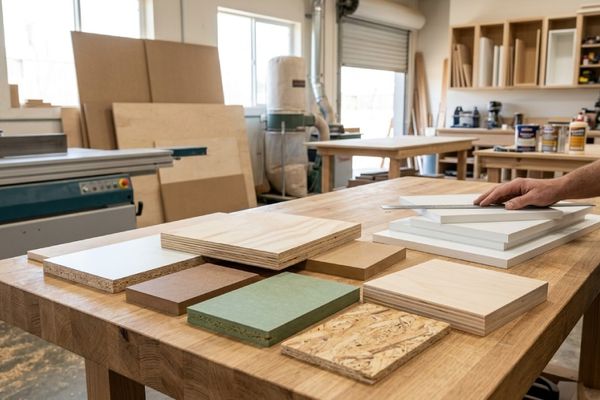 תצוגה של סוגי לוחות עץ מתועש בנגריה: MDF ירוק וחום, בירץ', סיבית מלמין ו-OSB על שולחן עבודה