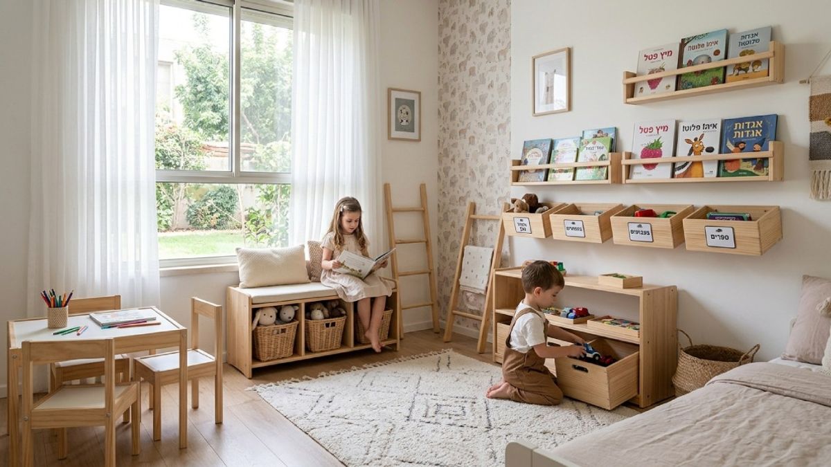 סידור חדר ילדים עם ריהוט מונטסורי, ספסל אחסון מעץ ומדפי ספרים נגישים לעיצוב פונקציונלי.