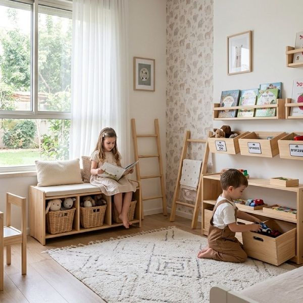 סידור חדר ילדים עם ריהוט מונטסורי, ספסל אחסון מעץ ומדפי ספרים נגישים לעיצוב פונקציונלי.