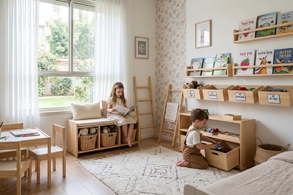 סידור חדר ילדים עם ריהוט מונטסורי, ספסל אחסון מעץ ומדפי ספרים נגישים לעיצוב פונקציונלי.