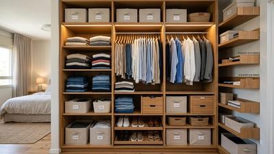 ארון בגדים מעץ מסודר עם מדפים, בגדים מקופלים וקופסאות אחסון בחדר שינה מואר.