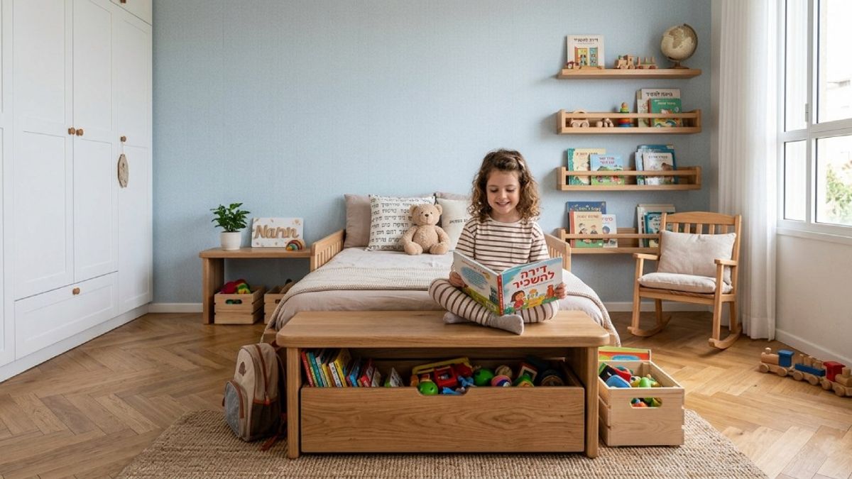 חדר ילדים מעוצב עם רהיטי עץ, ספסל אחסון ומדפי ספרים נגישים