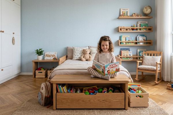 חדר ילדים מעוצב עם רהיטי עץ, ספסל אחסון ומדפי ספרים נגישים