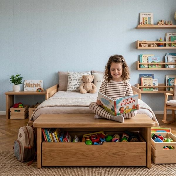 חדר ילדים מעוצב עם רהיטי עץ, ספסל אחסון ומדפי ספרים נגישים
