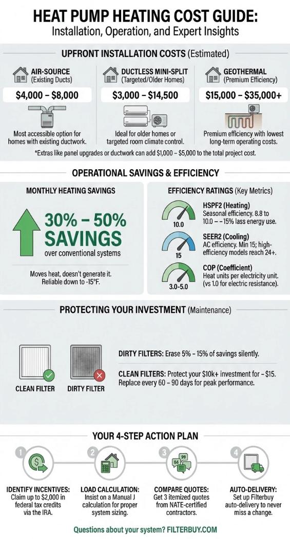 Infographic showing a heat pump heating cost guide for installation and operation.