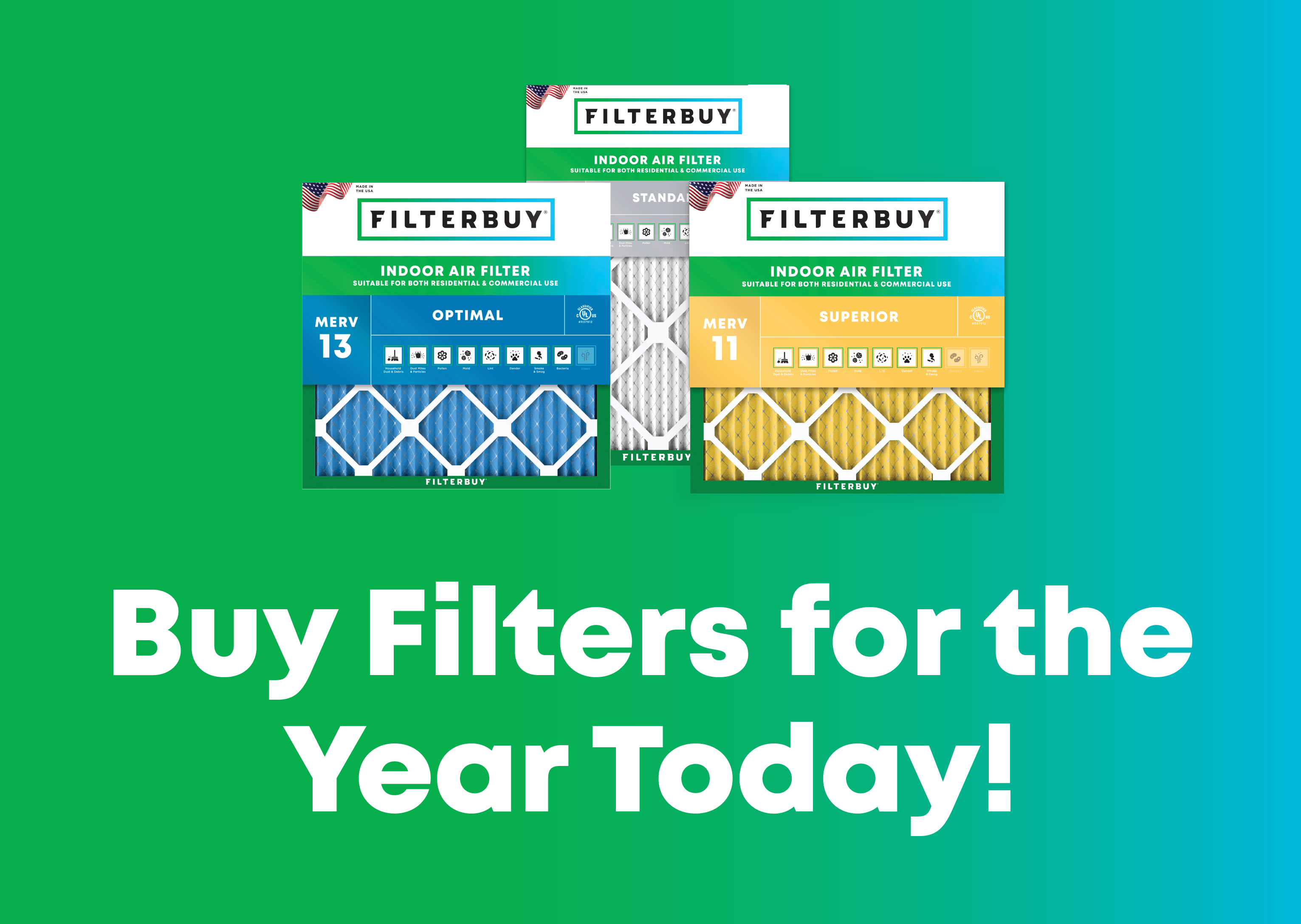 Three Filterbuy indoor air filter packs labeled MERV 13, MERV 11 Optimal, and MERV 11 Superior with green promotional background.
