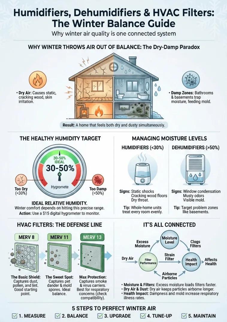 Infographic of Humidifiers, Dehumidifiers & HVAC Filters: The Winter Balance Guide