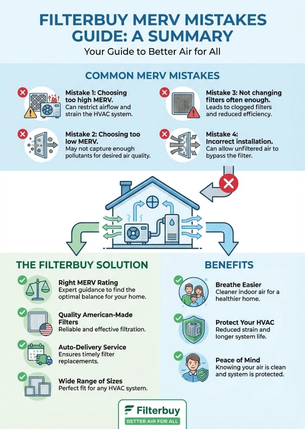 Filterbuy infographic explaining common MERV filter mistakes, proper MERV rating selection, HVAC airflow impact, and benefits of choosing the right air filter for cleaner indoor air.