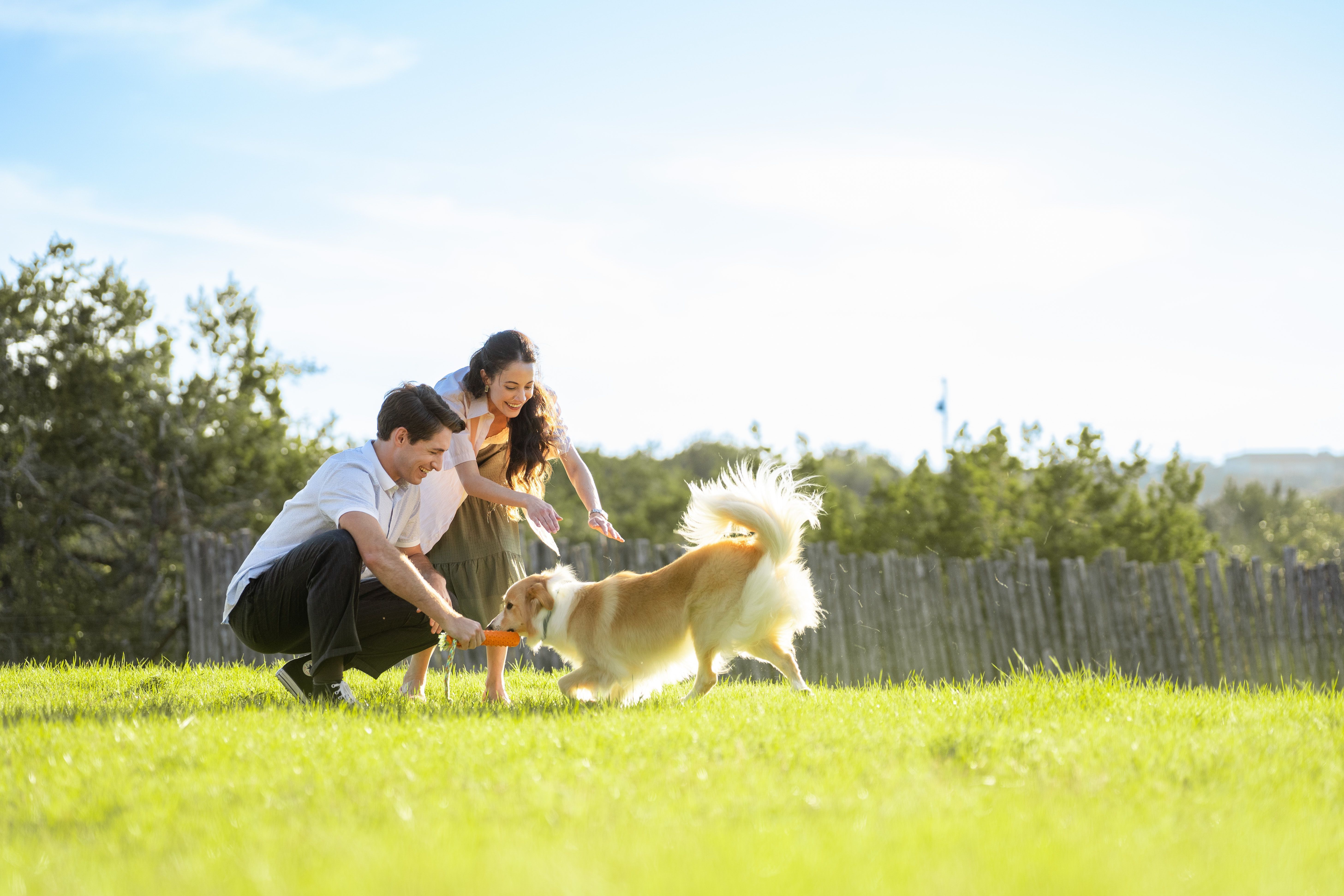 Image of a couple kneeling on grass, smiling at the camera while petting their happy dog, with trees and countryside in the background.