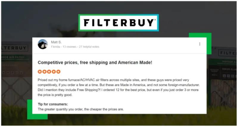 Vue d’un avis Filterbuy mettant en avant prix bas, livraison gratuite et filtres fabriqués aux États‑Unis.