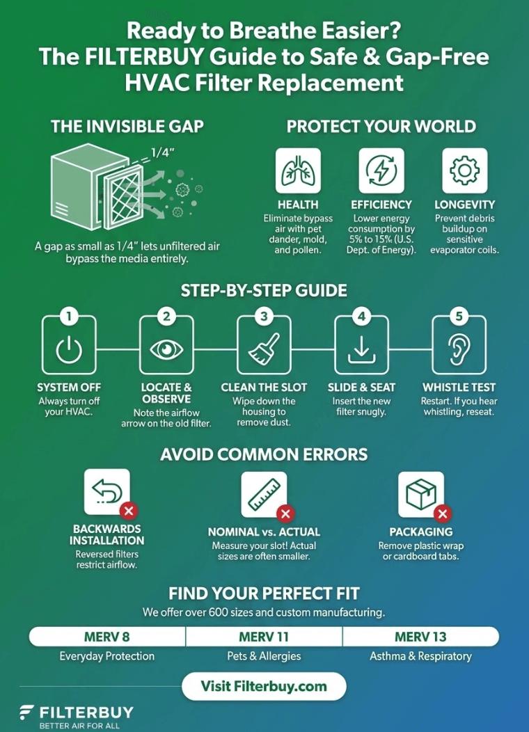 Infographic showing Filterbuy's guide to sate and Gap-free HVAC Filter Replacement