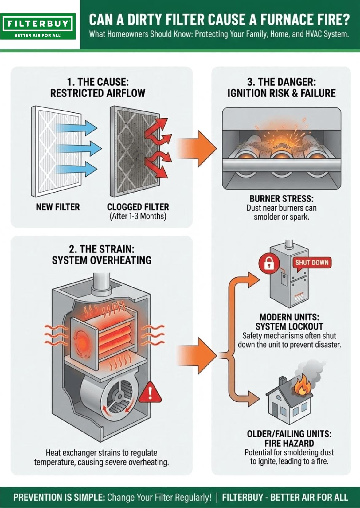 An infographic explaining can a dirty filter cause a furnace fire, showing how clogged filters restrict airflow, cause furnace overheating, increase ignition risk near burners, and why homeowners should change filters regularly to prevent fire hazards.