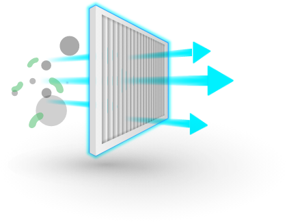 Vue d’un schéma montrant l’air passant à travers un filtre à air avec des flèches indiquant le flux d’air et la filtration des particules.