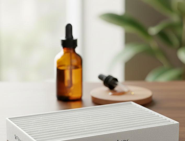 Filterbuy HVAC air filter next to essential oil diffuser and houseplants showing that mechanical air filtration captures dust pollen pet dander and mold spores that plants and essential oils cannot remove