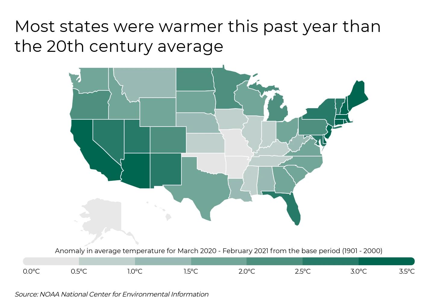 The Hottest City in Every State - Infographics of U.S. temperature anomalies by state compared to 20th century average (2020–2021 data)