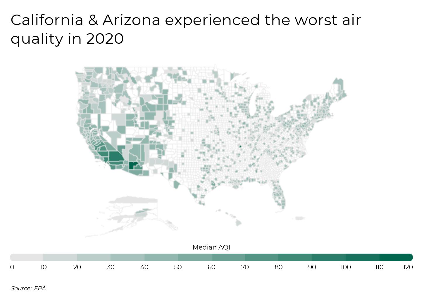 Graphique montrant quand la Californie et l’Arizona ont connu la pire qualité de l’air en 2020.