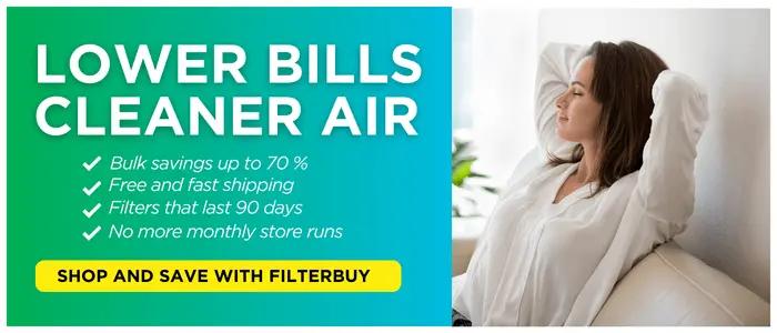 Woman relaxing at home with text promoting air filter savings and cleaner indoor air.