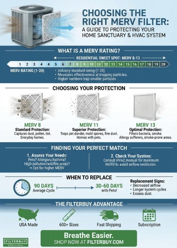 Infographic showing how to choose the right MERV filter variant to protect your home and HVAC System.