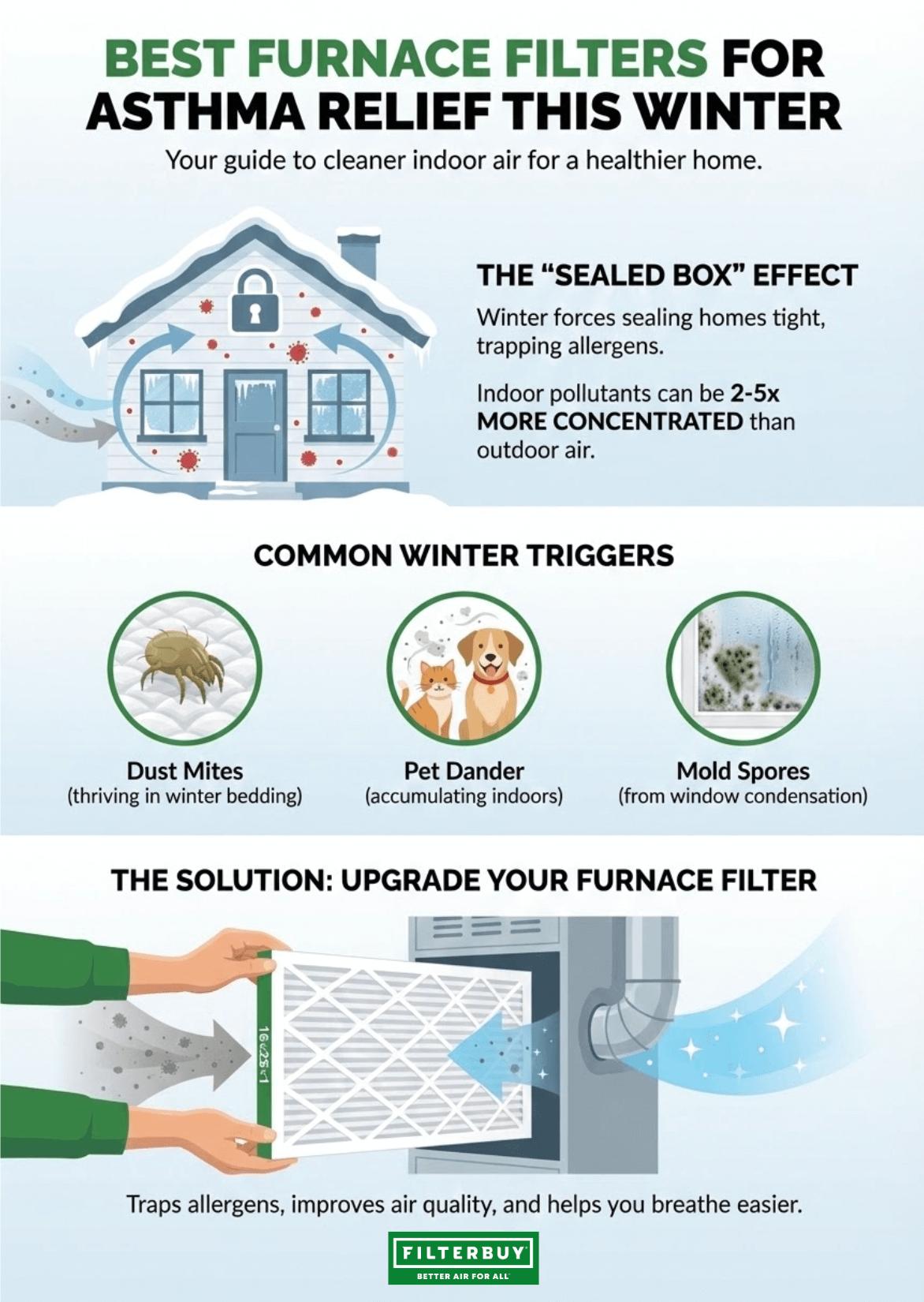 An infographic explaining the best furnace filters for asthma relief this winter, showing how sealed winter homes trap allergens like dust mites, pet dander, and mold spores and how upgrading your furnace filter improves indoor air quality.