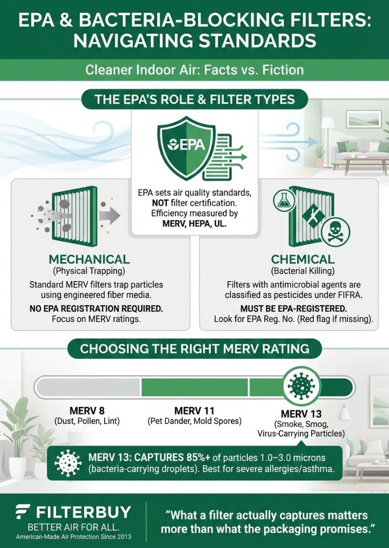 Infographic showing if Bacteria blocking HVAC Filters are Regulated by the EPA