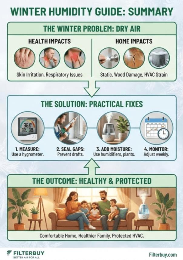 Winter humidity guide infographic answering what should the humidity be in the house during winter with practical solutions for a healthier home