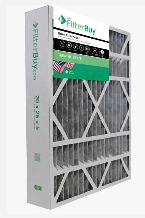 Vue d’un filtre à air 20x25x5 Filterbuy conçu pour l’élimination des odeurs avec filtration plissée et cadre durable.