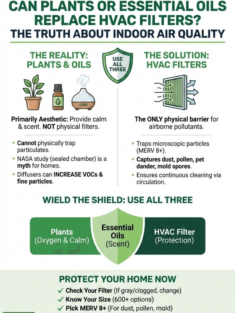 Infographic showing if can plants of essential oils realy replace HVAC filters or not and the truth about indoor air quality and how to achieve it. 