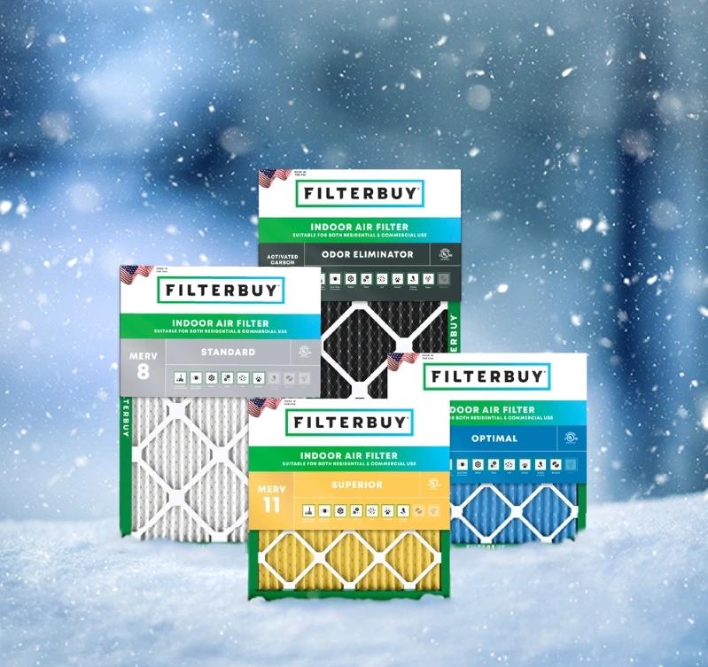 Image of various Filterbuy air filters with different MERV ratings displayed outdoors.