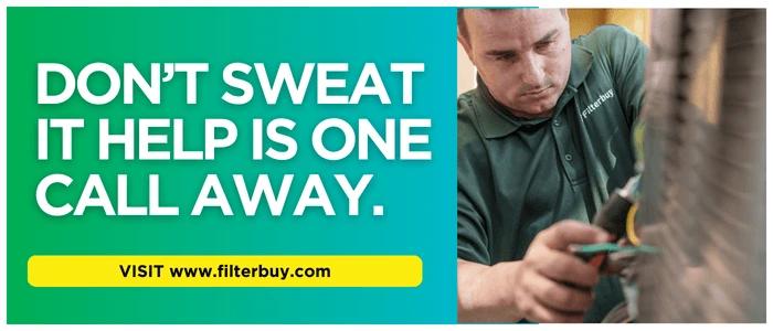 HVAC technician working on an air conditioner with text offering professional help from Filterbuy.