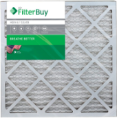 A view of a FilterBuy pleated air filter alongside text explaining traditional fiberglass air filters and their efficiency.