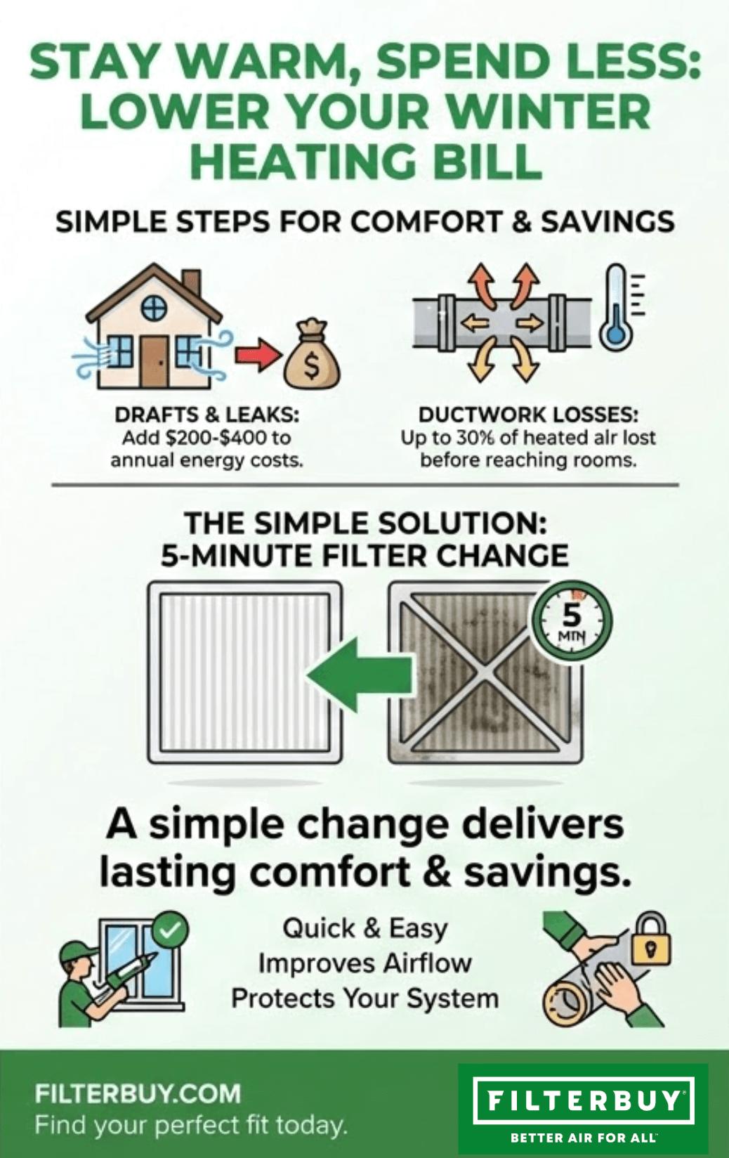 An infographics showing how changing your HVAC air filter can lower winter heating bills