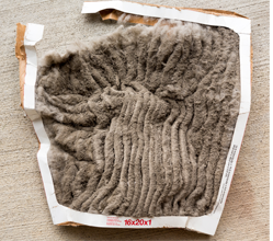 Extremely dirty and bent 16x20x1 HVAC air filter covered in dust and debris