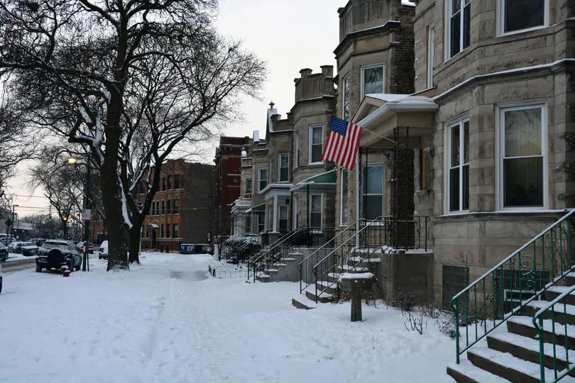 View of 1940s houses in Chicago during winter.
