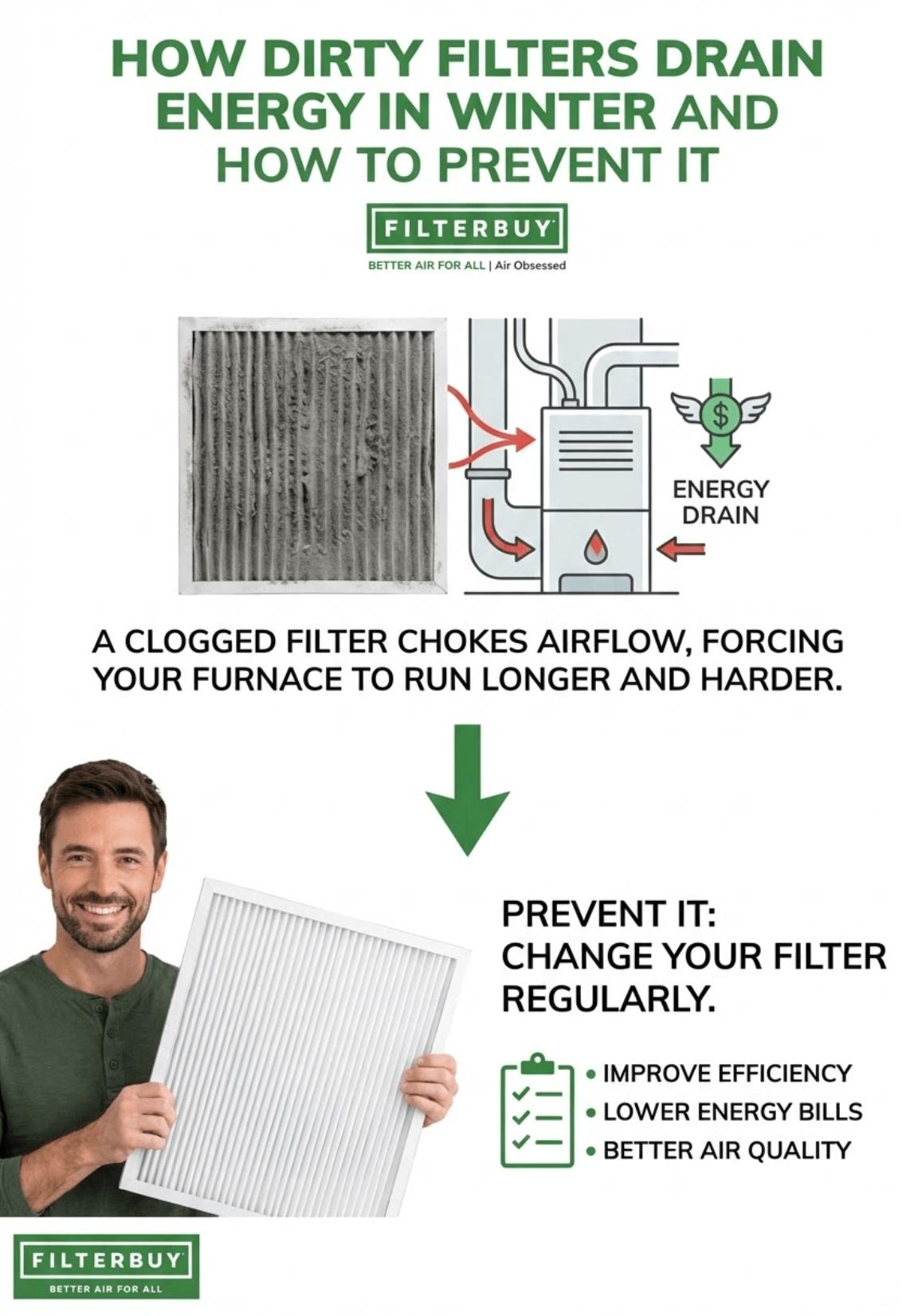 An infographic titled “How Dirty Filters Drain Energy in Winter and How to Prevent It” showing a clogged filter restricting airflow, increasing energy drain, and explaining temperature zoning & airflow winter impacts, with guidance to change your furnace filter regularly for better efficiency and lower heating bills