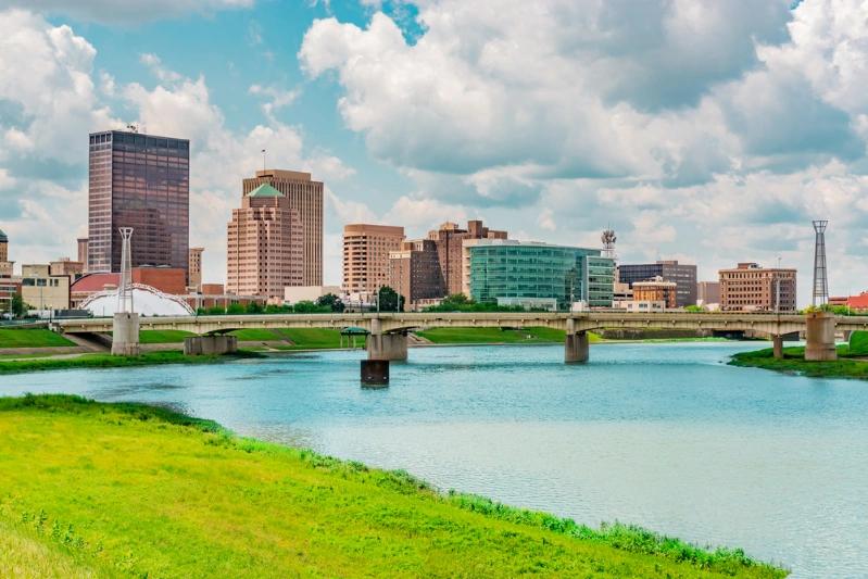 US Cities Homeownership Rates - View of the river walk area of Dayton City.