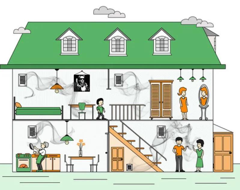 Vue de la maison d’une famille remplie de fumée persistante de cigarettes qui affecte la qualité de l’air respirable à l’intérieur.