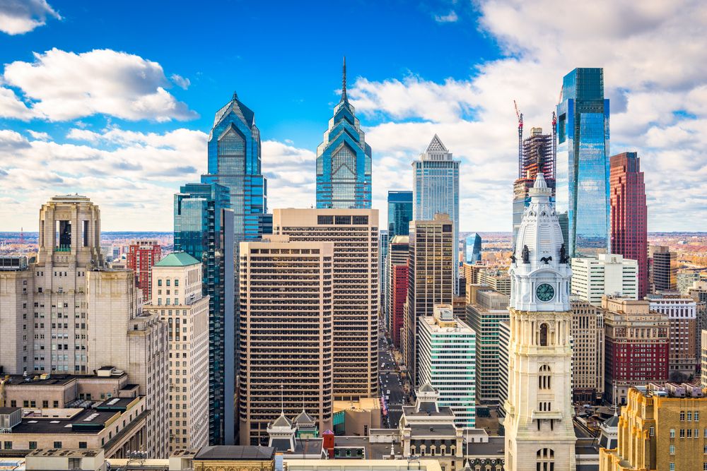 Cities With the Most Residents Who Smoke -Infographics of Skyline of Skyscrapers of Philadelphia, Pennsylvania, a major city with a large population of tobacco users.