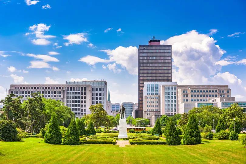 View of Baton Rouge skyline from Capitol grounds spotlighting Louisiana’s housing instability and foreclosure risk.