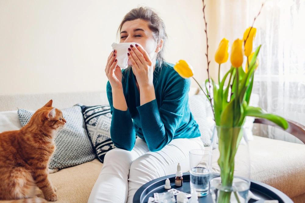Woman sneezing indoors next to a cat, highlighting the need for allergen control in the home during spring.
