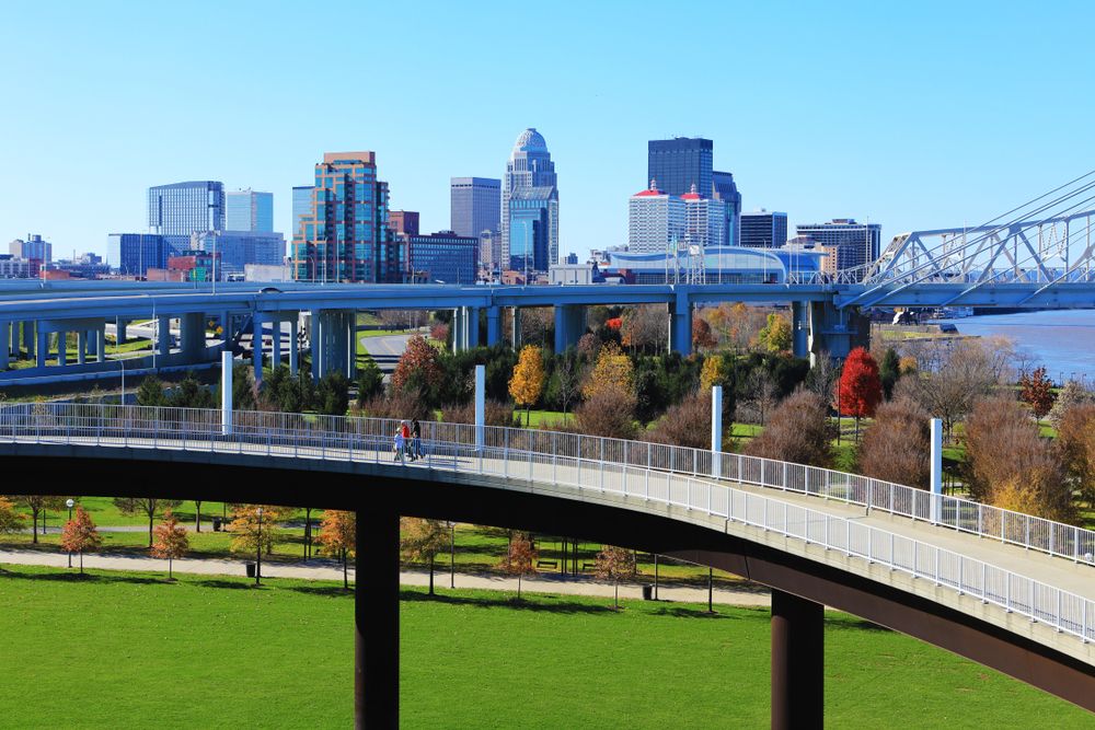 City skyline in the background with elevated highways and a pedestrian bridge over a green park.