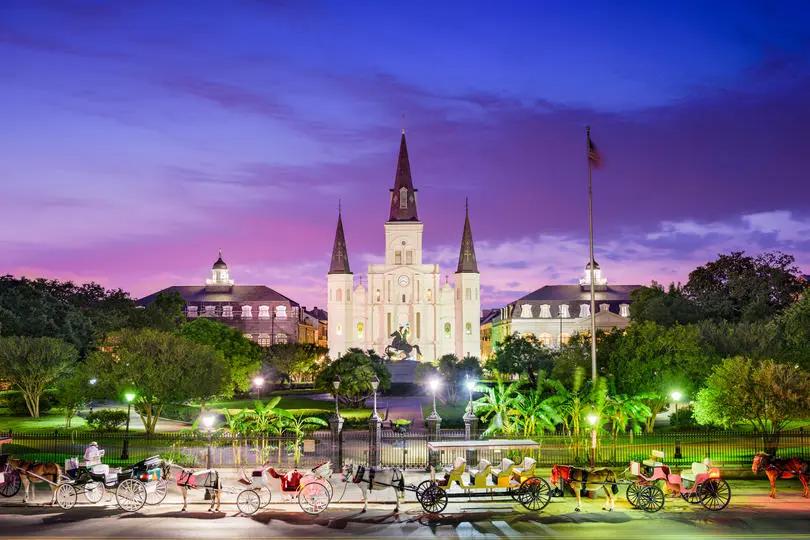 View of historic building after sunset in New Orleans.