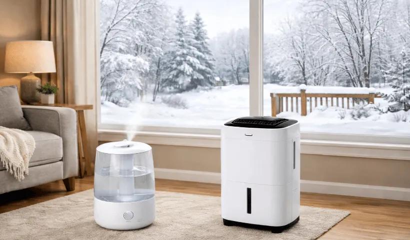 image of modern humidifier and dehumidifier in a cozy living room with snowy winter view, illustrating the winter balance guide for humidifiers, dehumidifiers, and HVAC filters.