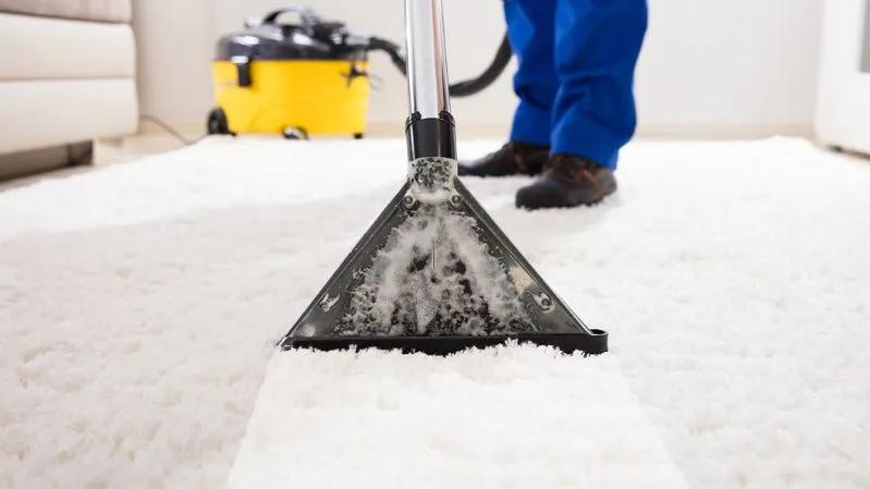 Vue d’un technicien CVC nettoyant et désinfectant soigneusement des tapis à la maison.