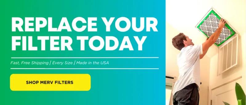 A view of man changing ceiling air filter with call to replace filter today and shop MERV filters.