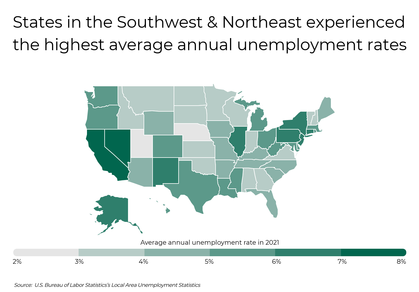 U.S. map showing states with highest average annual unemployment rates in 2021.
